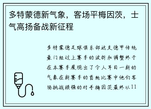 多特蒙德新气象，客场平梅因茨，士气高扬备战新征程